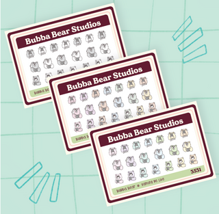 Three sheets from Bubba Bear Studios on a light blue grid background